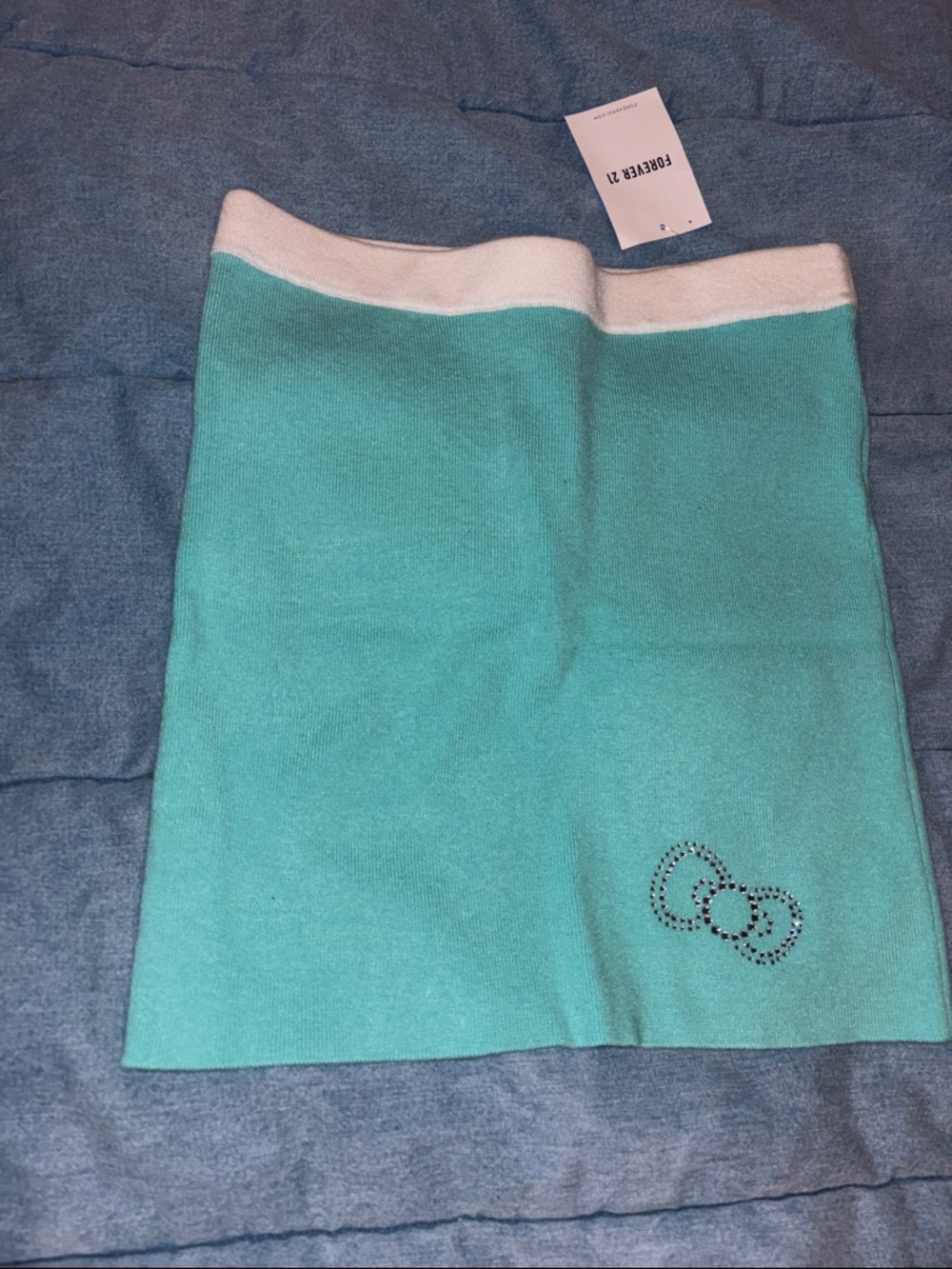 NWT Forever 21 turquoise Knit Mini Skirt  Rhinestone Detail bow small